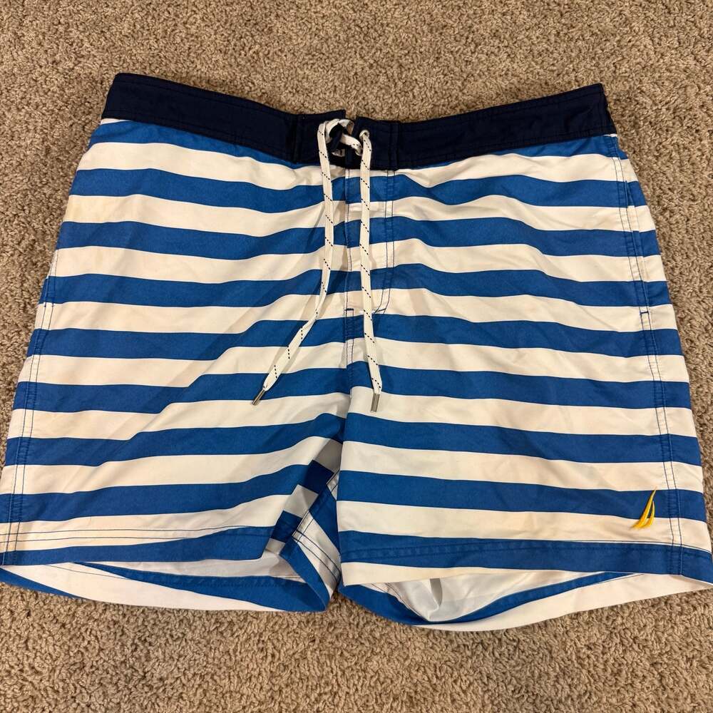 Nautica Mens XL Blue White Striped Swim Trunks Board Shorts Mesh Lined Beach